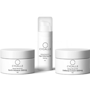 Cygalle skincare collection with earth masque jars and anti-age oil bottle